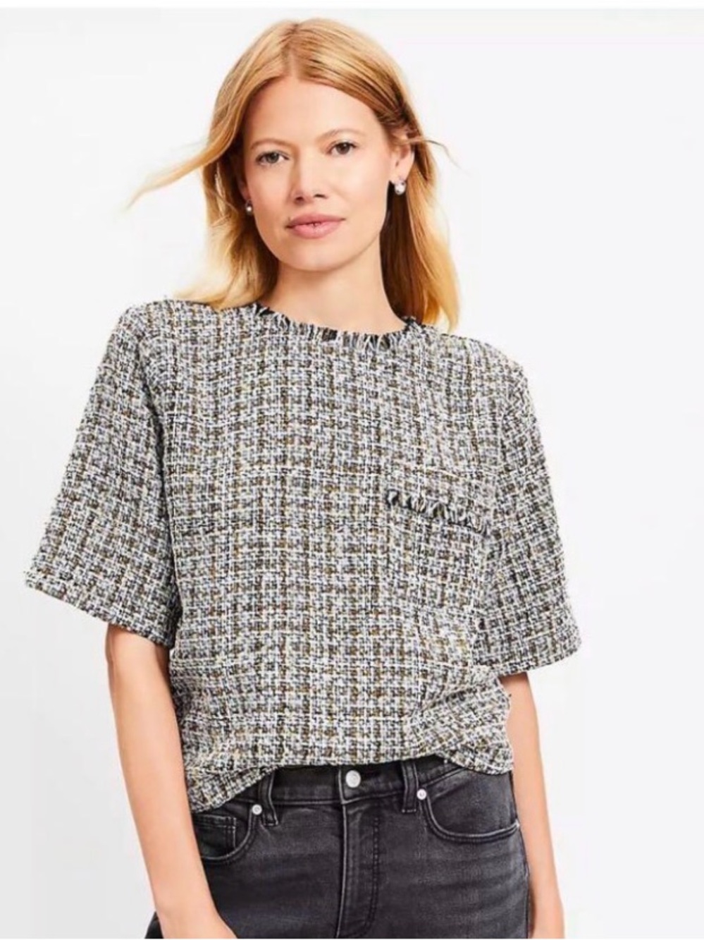LOFT Navy, White & Gold Tweed Boxy Crop Top